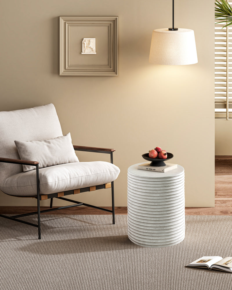 White Outdoor Ceramic Accent Table, Unique Garden Stool for Patio or Balcony