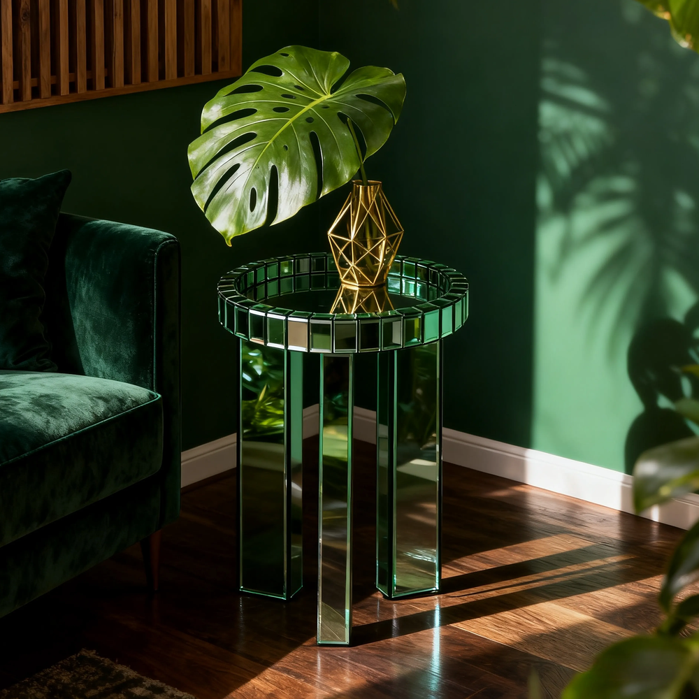 Green Mirrored End Table,  Round Glass Side Table with Three Legs