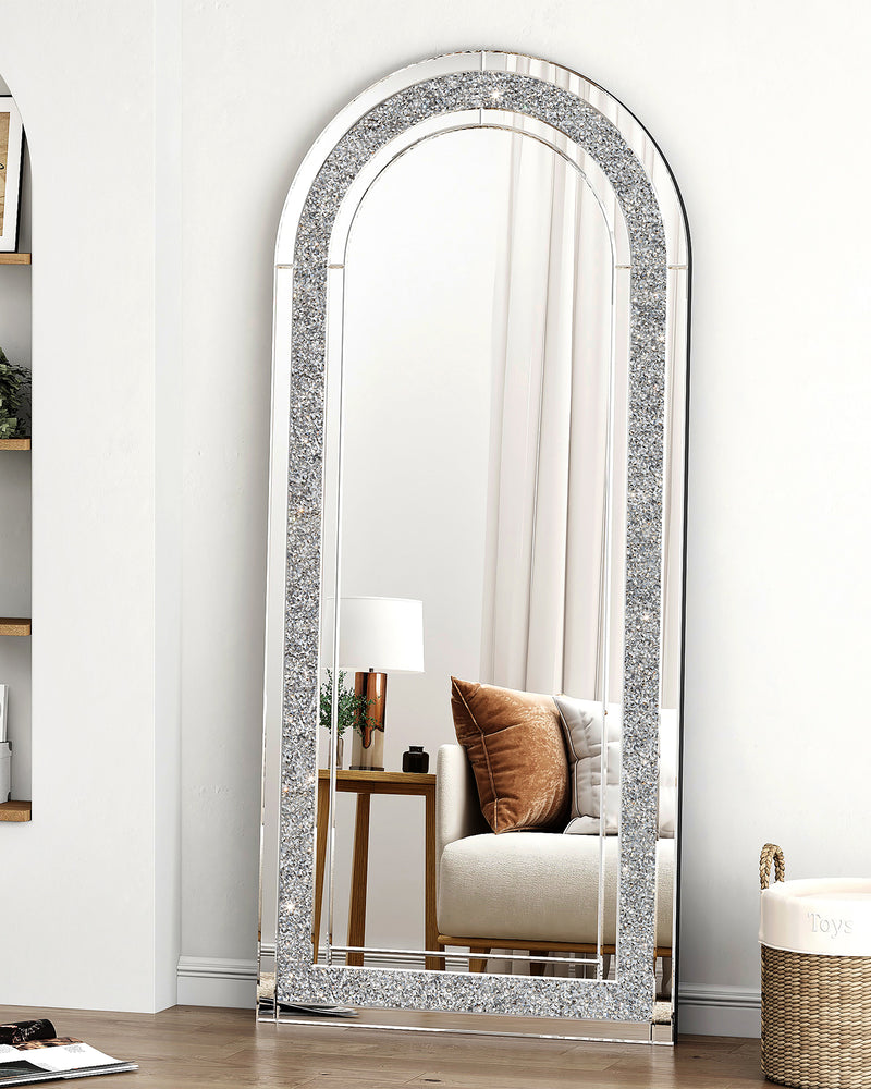 SHYFOY Glass Framed Arched-Top Floor Mirror with Crushed Diamond