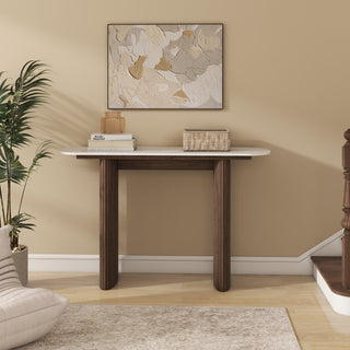 Walnut Marble Console Table Entryway Table with Fluted Base