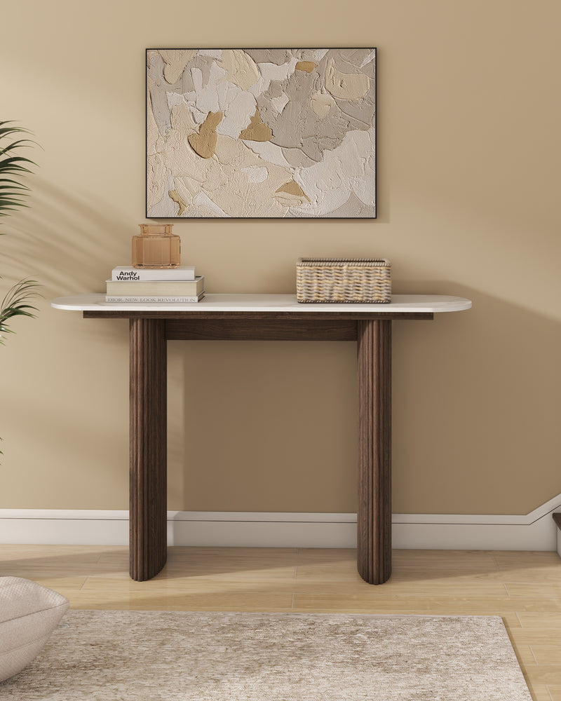 Walnut Marble Console Table Entryway Table with Fluted Base