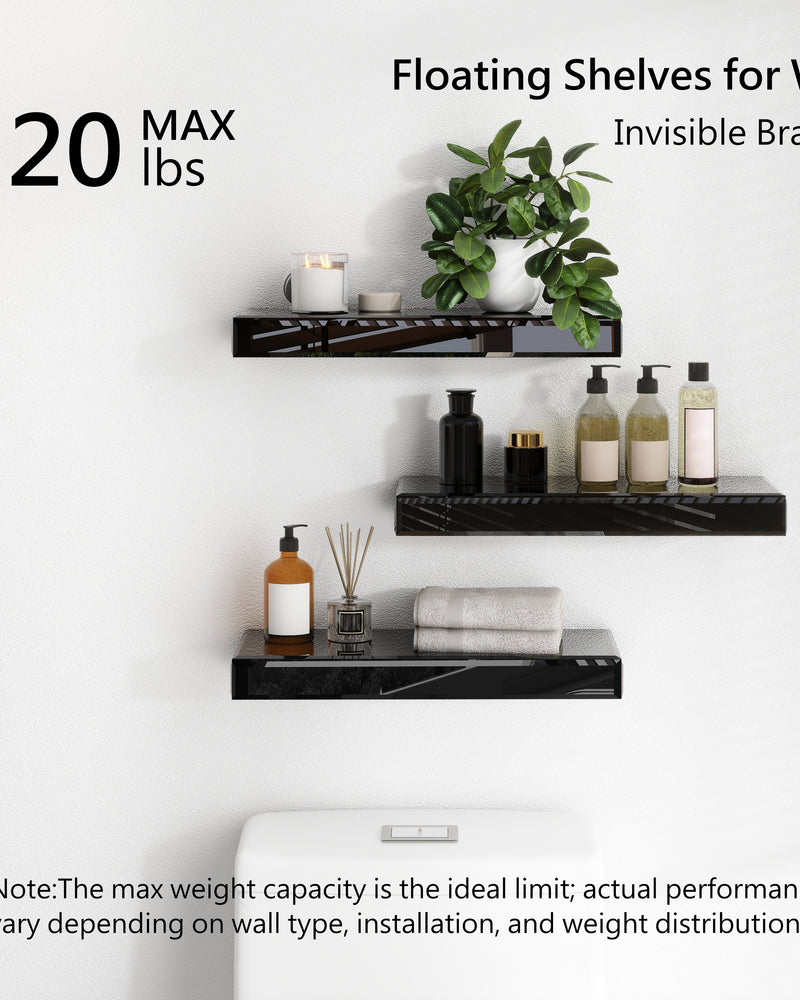 Black Set of 3 Mirrored Glass Floating Shelves