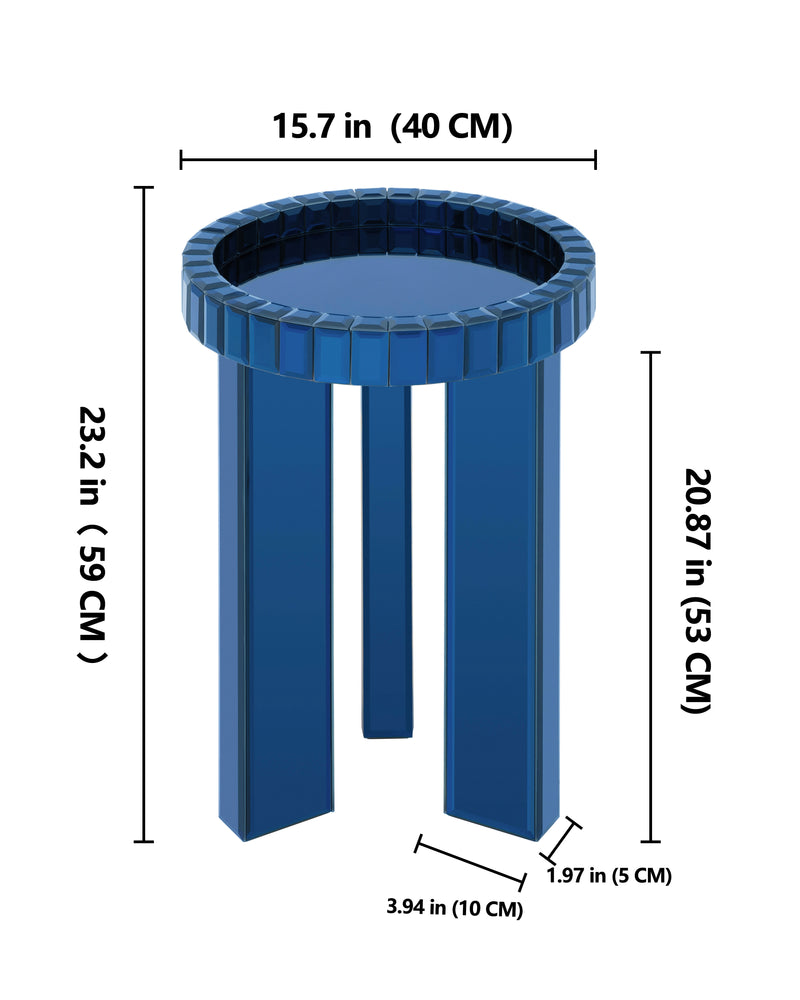 Blue Mirrored End Table,  Round Glass Side Table with Three Legs