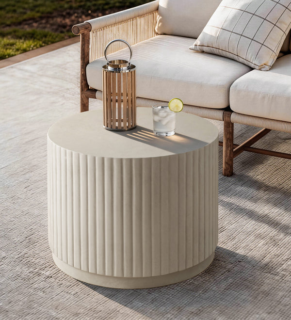 White Modern Round Fluted Drum Magnesium Oxide End Table