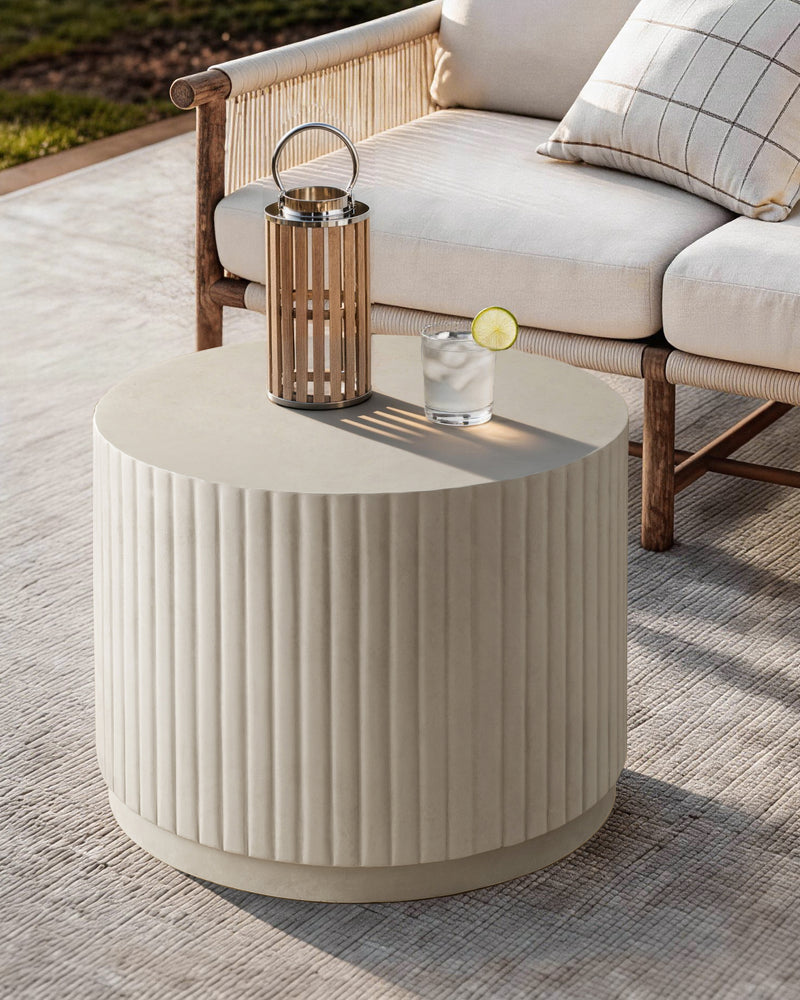 White Modern Round Fluted Drum Magnesium Oxide End Table