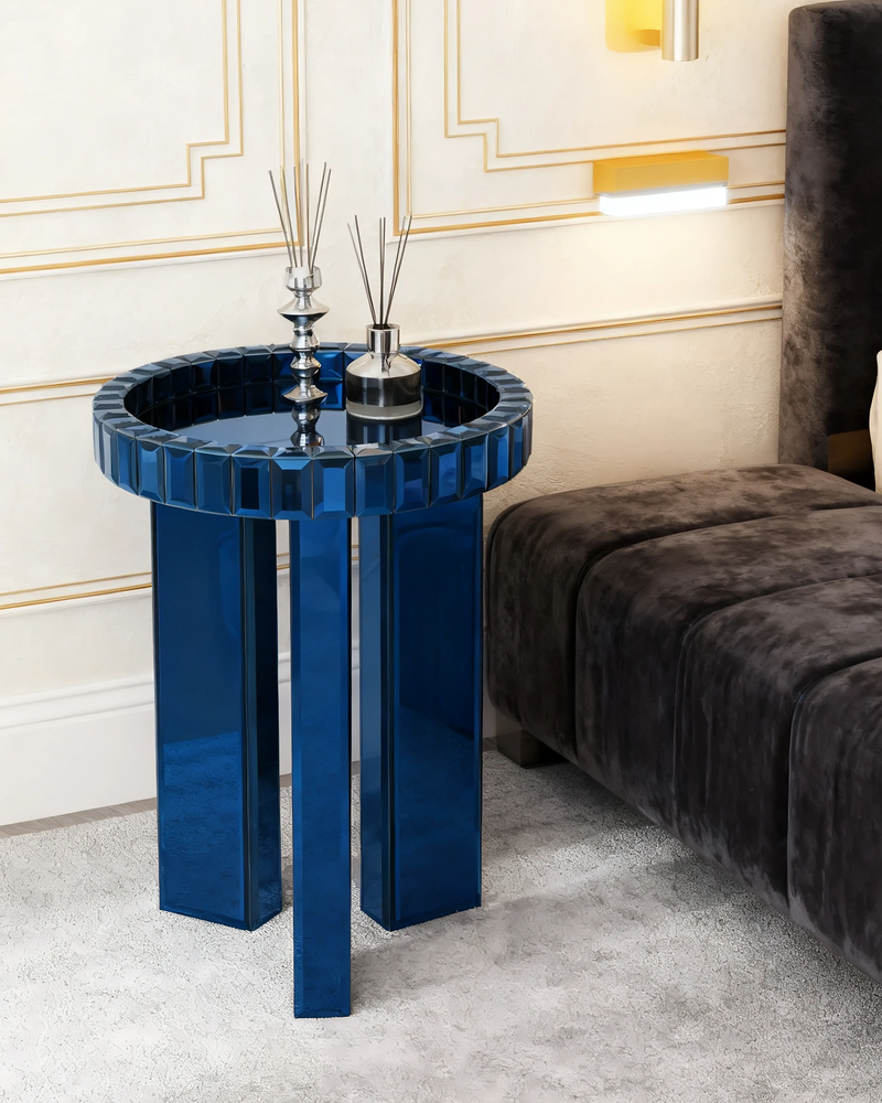 Blue Mirrored End Table,  Round Glass Side Table with Three Legs