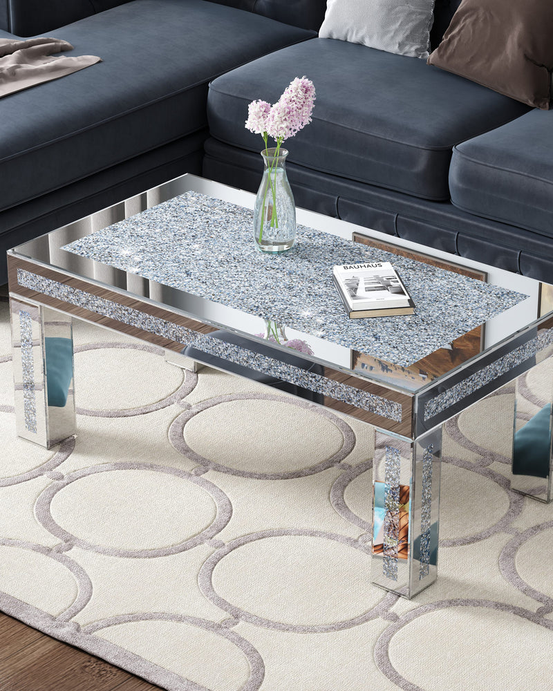 Mirrored Coffee Table with Crushed Diamond Inlay, Luxury Rectangular Glass Center Table