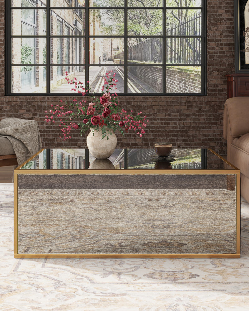 Mirrored Coffee Table, Rectangular Glass Dinning Table with Brushed Gold Frame