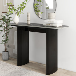 Black Marbled Wood Console Table Entryway Table with Fluted Base
