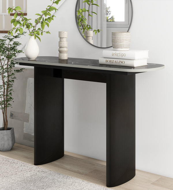 Black Marbled Wood Console Table Entryway Table with Fluted Base