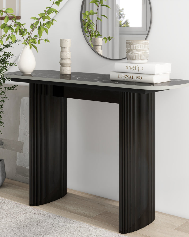 Black Marbled Wood Console Table Entryway Table with Fluted Base