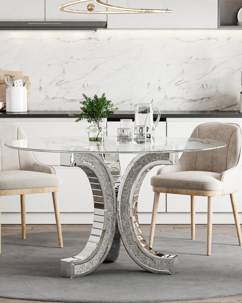 Mirror Glass Pedestal Dining Table with Tempered Glass Tabletop