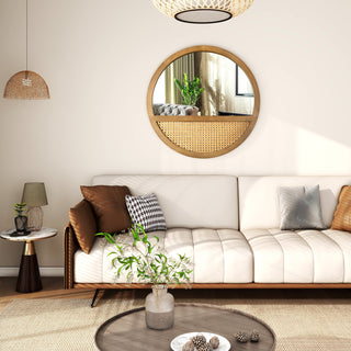 Rattan Round Mirror 24 Inch Bohemian Accent Wall Mirror
