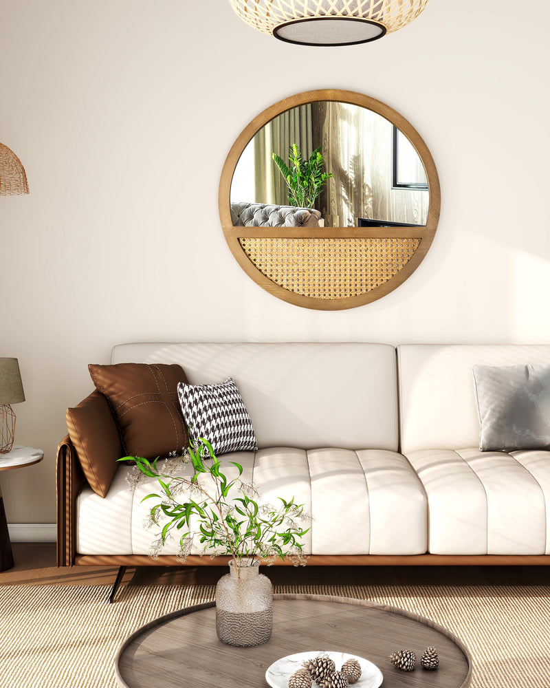 Rattan Round Mirror Bohemian Accent Wall Mirror