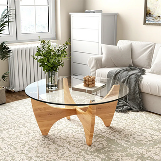 SHYFOY 35" Round Glass Top Coffee Table Solid Wood - 35.4"×35.4"×16"