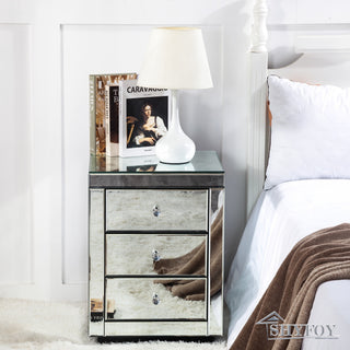 SHYFOY Mirrored Accent Silver Nightstand Bedside Table with 3 Drawers /  SF-BT028
