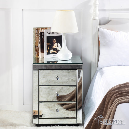 SHYFOY Mirrored Accent Silver Nightstand Bedside Table with 3 Drawers /  SF-BT028
