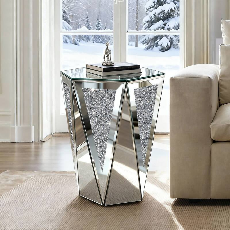Mesa auxiliar hexagonal con espejo y brillantes incrustados