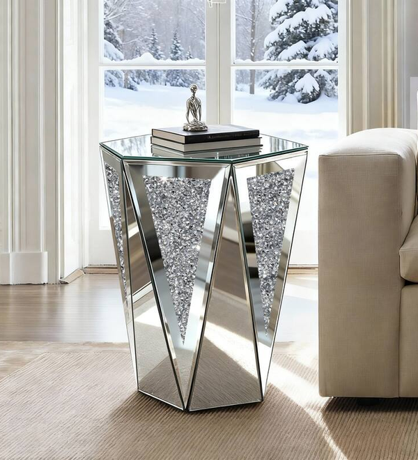 Hexagonal Mirror Top Crushed Diamond End Table