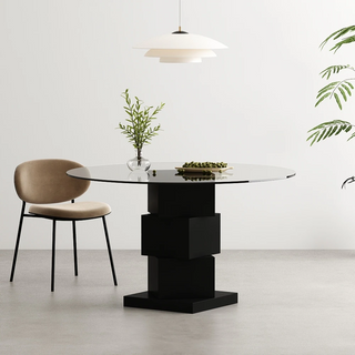 Modern Round Glass Dining Table with Sculptural Wood Base