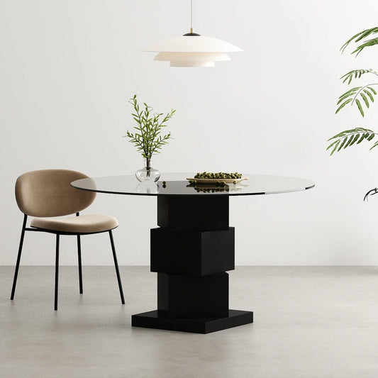 Modern Round Glass Dining Table with Sculptural Wood Base