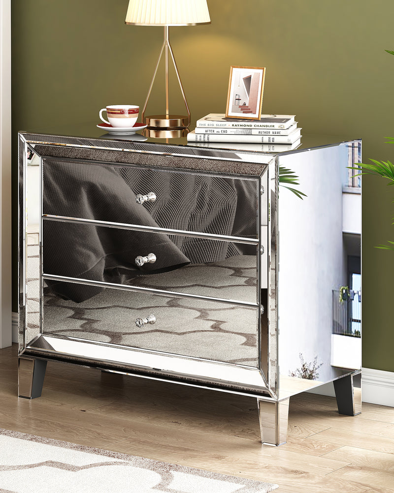 Glam Mirror Nightstand Bedside Table with 3 Drawer Chest