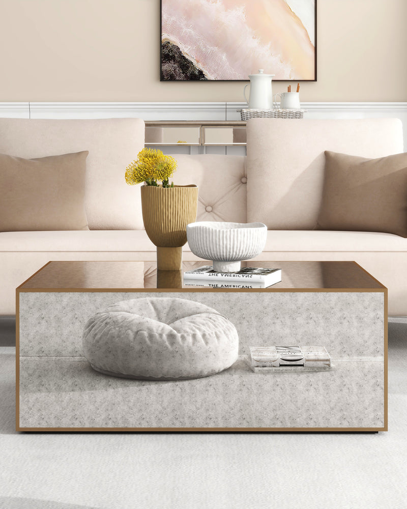 Rectangular Coffee Table, Mirrored Glass Center Table with Brushed Gold Frame