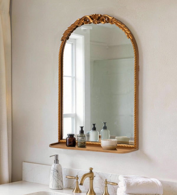 Ornate Arch Top Metal Framed Wall Mirror with Shelf