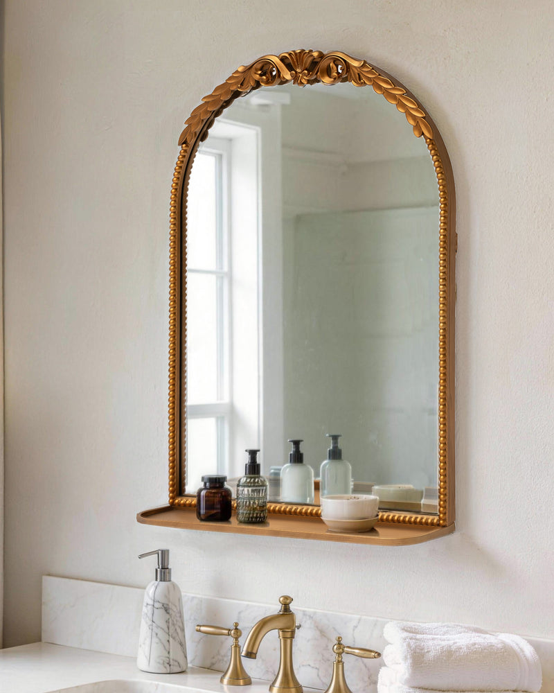 Ornate Arch Top Metal Framed Wall Mirror with Shelf