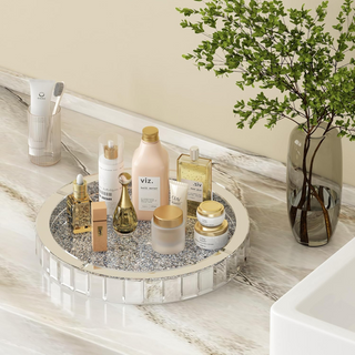 SHYFOY Luxury Round Glass Mirror Tray fills with Crushed Diamond| Bling Perfume Organizer for Dining room Table