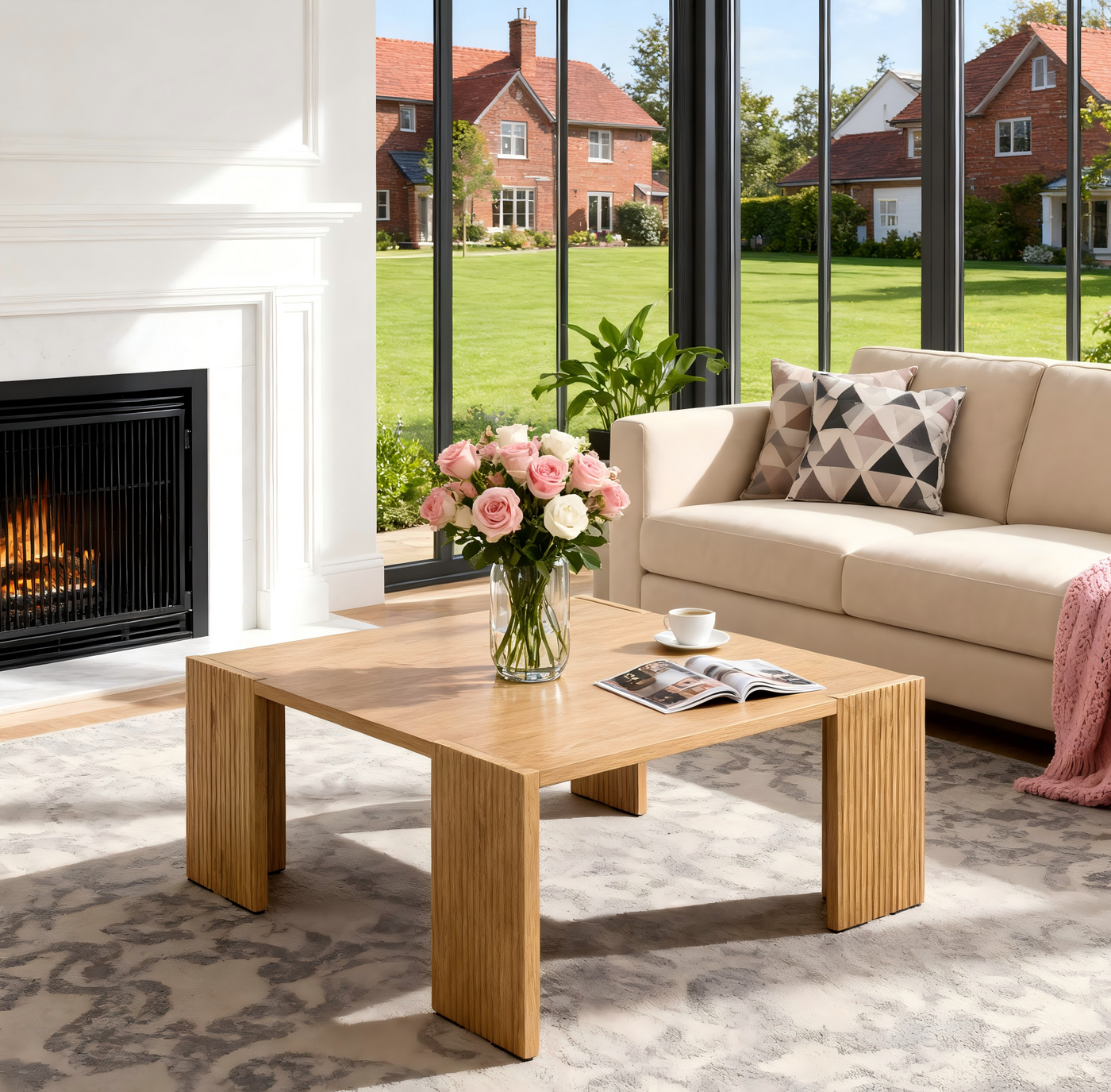 Square Coffee Table, Solid Ash Wood Coffee Table Accent Table for Living Room