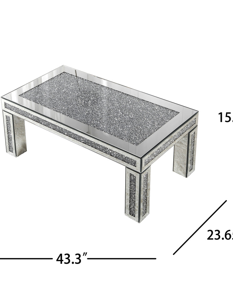 Mirrored Coffee Table with Crushed Diamond Inlay, Luxury Rectangular Glass Center Table