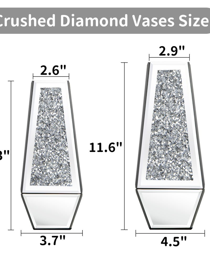 Crushed Diamond Mirrored Vases Set of 2, Silver Glass Flower Vases