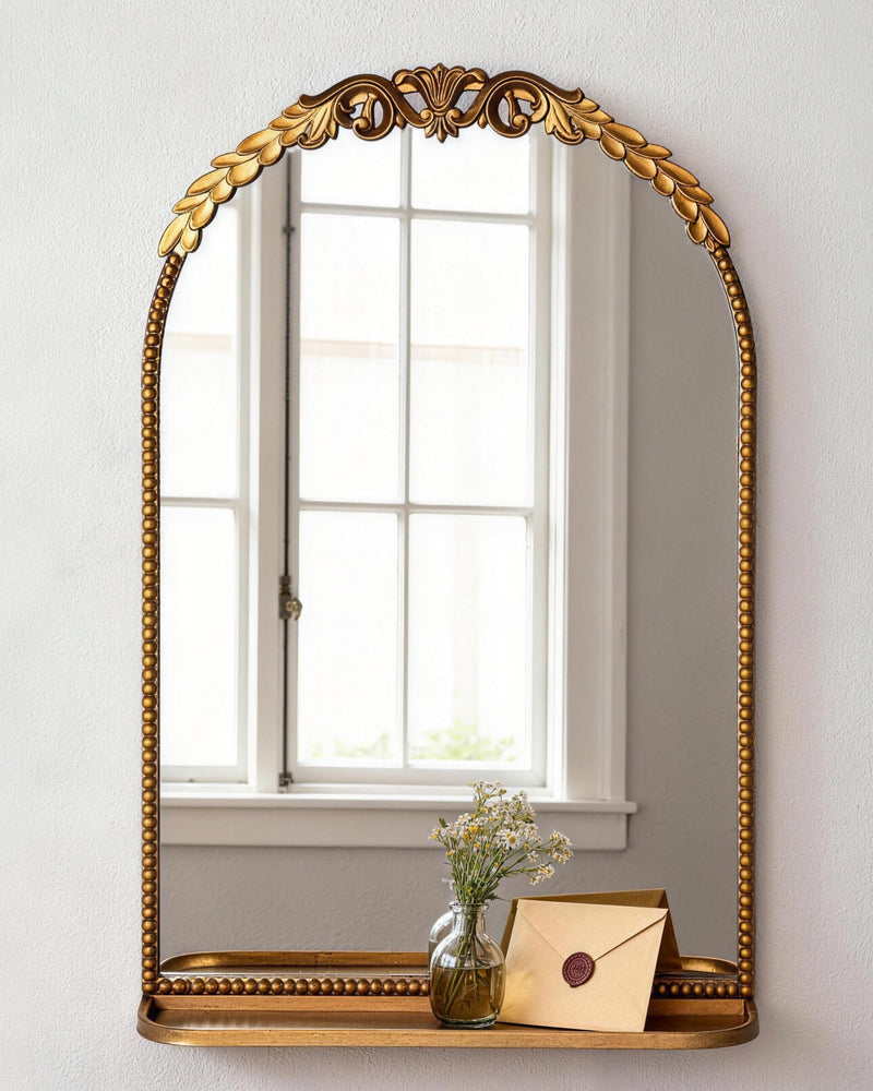 Ornate Arch Top Metal Framed Wall Mirror with Shelf