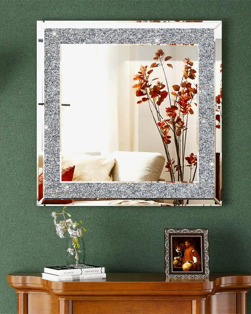 Glam Crystal Accent Wall Mirror Sparkly Silver Mirror