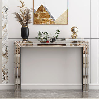 SHYFOY Mirrored Console Table,Silver Entryway Table with Line Design Mirror Finished
