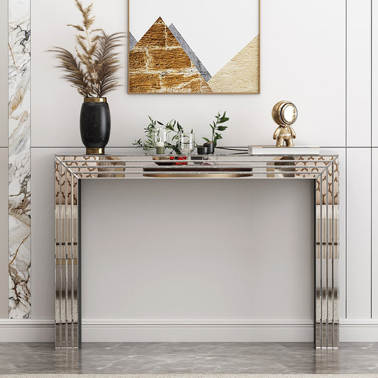 SHYFOY Mirrored Console Table,Silver Entryway Table with Line Design Mirror Finished