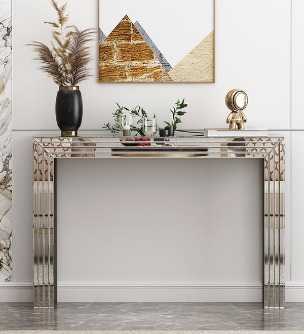 Silver Mirrored Console Table with Geometric Lines Design, Minimalist Glass Entryway Table