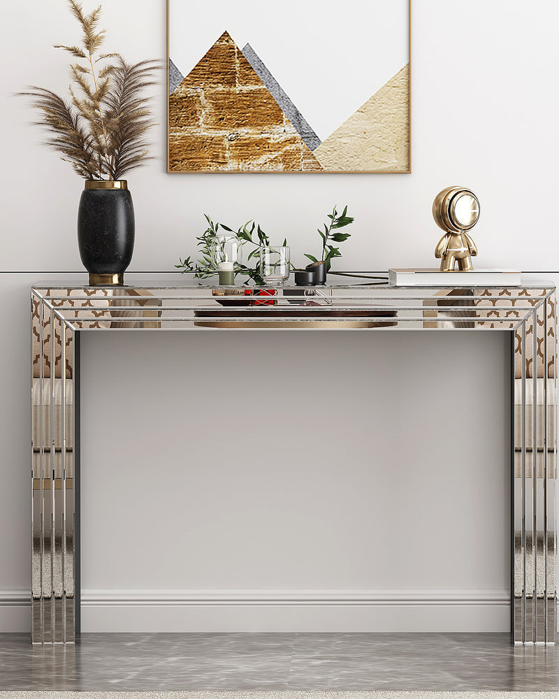 Silver Mirrored Console Table with Geometric Lines Design, Minimalist Glass Entryway Table