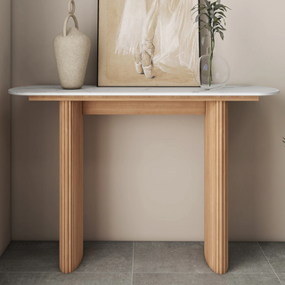 Natural  Marbled Wood Console Table Entryway Table with Fluted Base