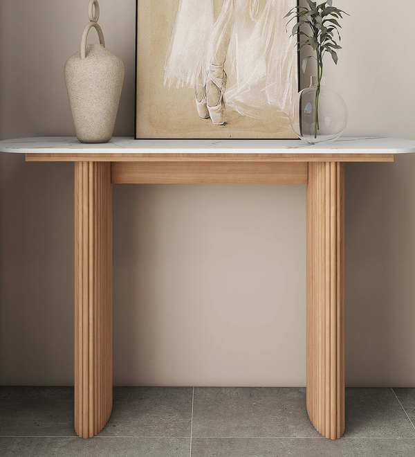Natural  Marbled Wood Console Table Entryway Table with Fluted Base