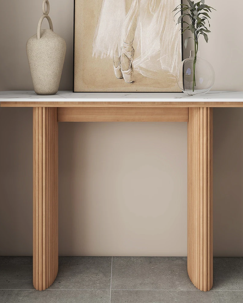 Natural  Marbled Wood Console Table Entryway Table with Fluted Base