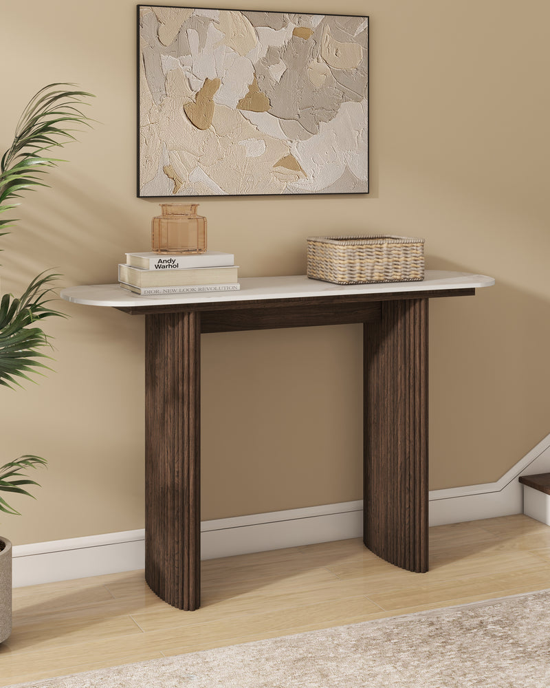 Walnut Marble Console Table Entryway Table with Fluted Base