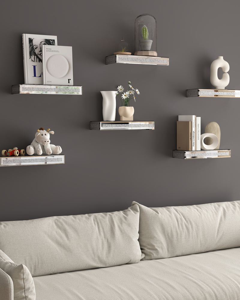 Mirrored Floating Shelves Wall Mounted Set of 6, Glitter Glass Mirror Storage Wall Shelves