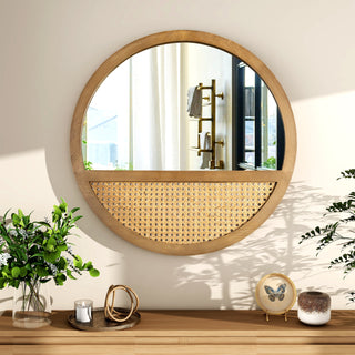 Rattan Round Mirror 24 Inch Bohemian Accent Wall Mirror