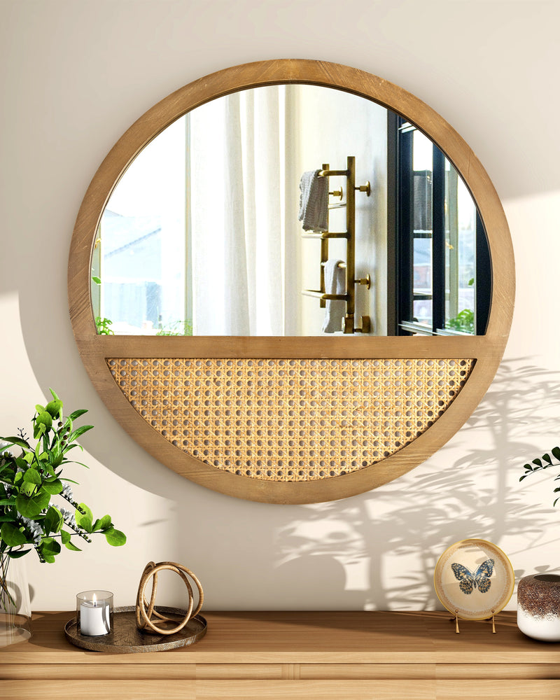 Rattan Round Mirror Bohemian Accent Wall Mirror