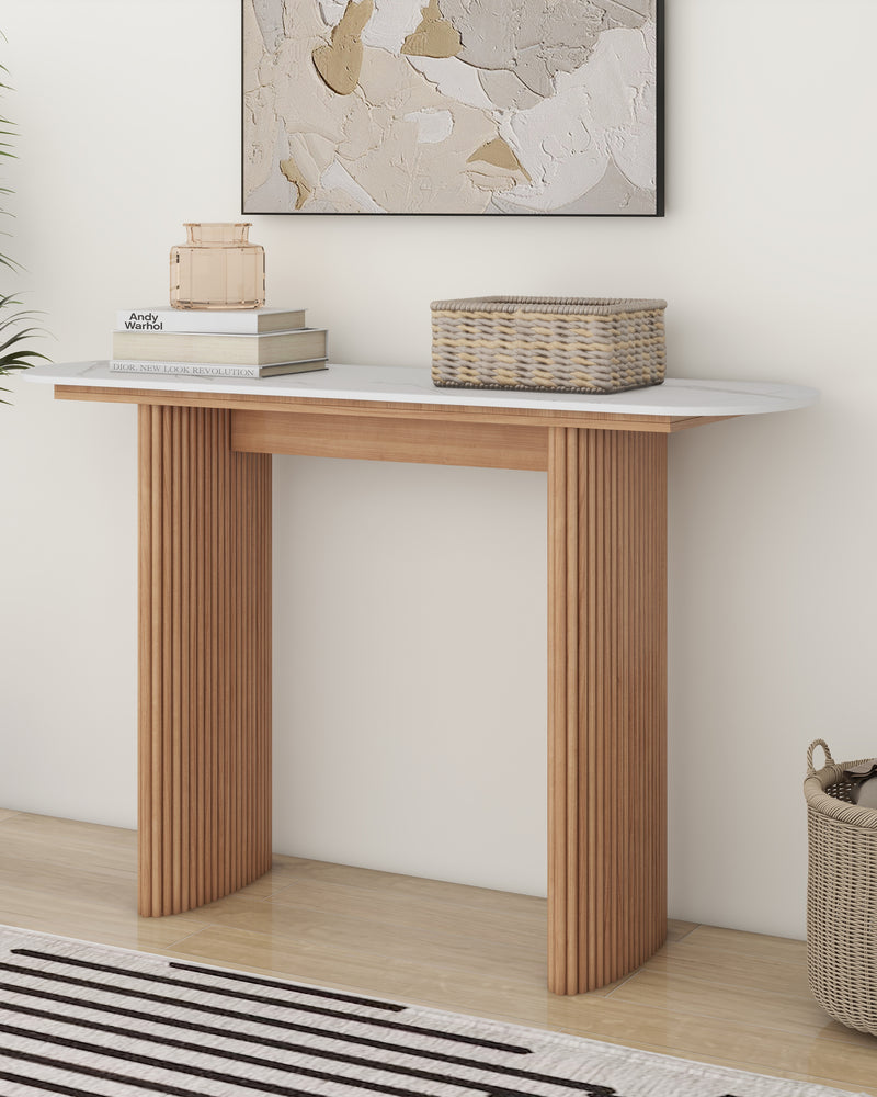 Natural  Marbled Wood Console Table Entryway Table with Fluted Base