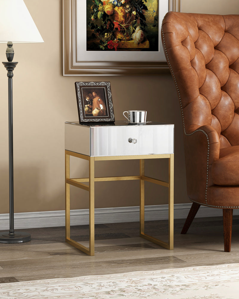 Mirrored Side Table Gold Legs Rectangle Accent End Table with Drawer