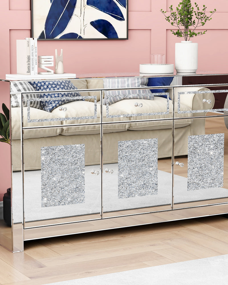 Glam Mirrored Diamond 3-Drawers Accent Cabinet Sideboard