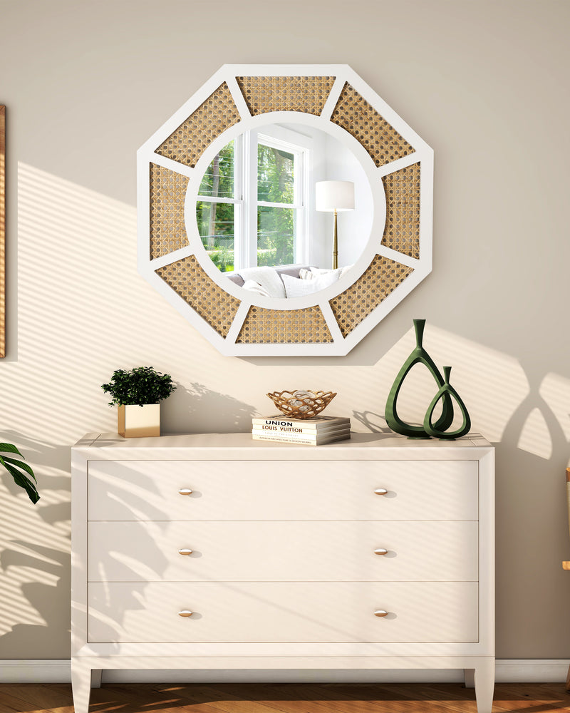 Large Rattan Mirror for Wall Decor Boho White Frame Wood